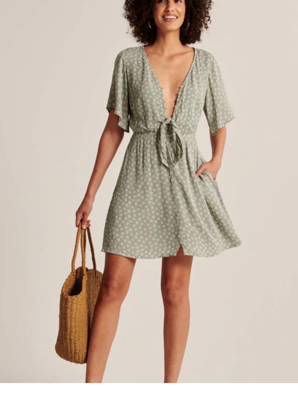 Abercrombie Sage Green Floral V-Neck Plisse Mini Dress M